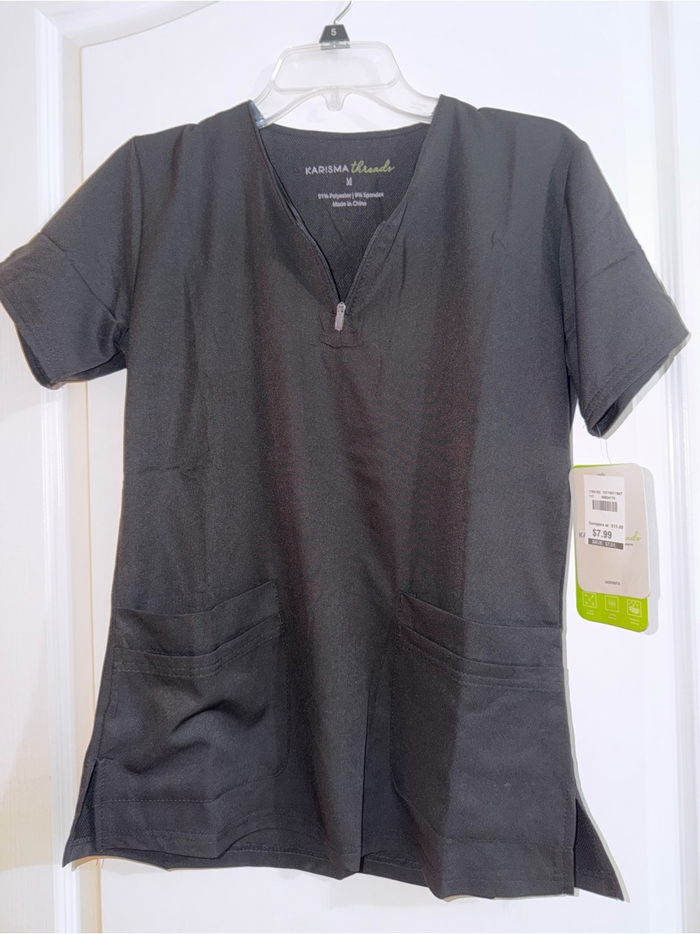 Karisma Threads Black V-Neck Scrub Top with Zipper